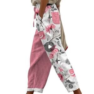 NWOT Vtg Look Floral Print Elastic Waist Pants - Pink & White Striped Size 2XL